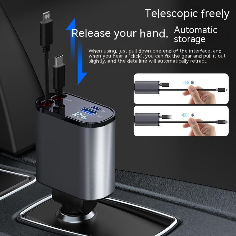 Metal Car Charger 100W with USB and TYPE-C ports, retractable design for easy storage.
