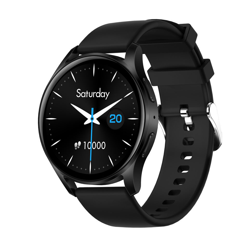 Black Bluetooth call smartwatch with round touchscreen and fitness tracking display