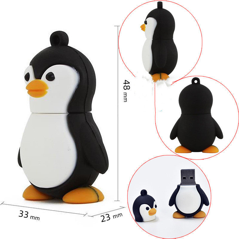 Cartoon Penguin USB Drive in black and white PVC with USB 3.0, available in multiple storage capacities.