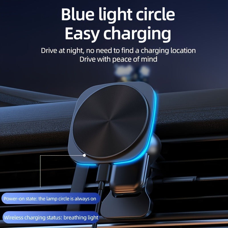 Car wireless charger with blue light circle for easy charging in vehicles.