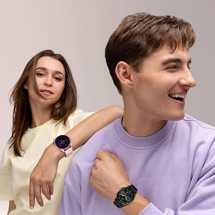 Young woman and man wearing X01 Bluetooth Call Smartwatches with pink and black steel straps showing touchscreen displays