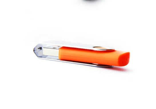 Compact mobile hard drive with orange metal casing and USB 3.0 interface.