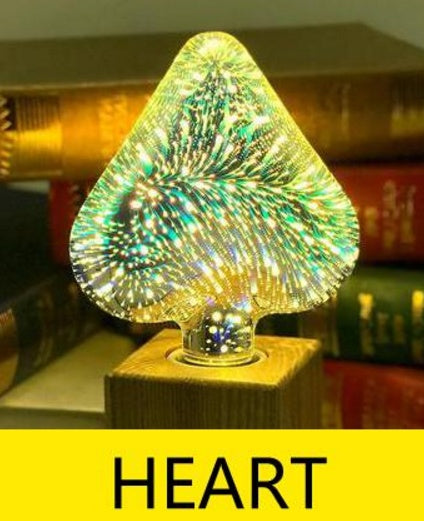 Heart-shaped fireworks decor bulb glowing with multicolor lights on wooden base
