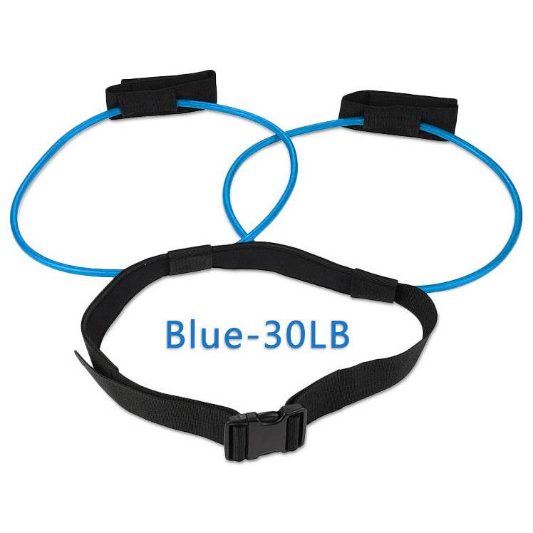 Blue resistance bands set with adjustable waist belt and pedal exerciser, offering 30lb resistance for fitness.
