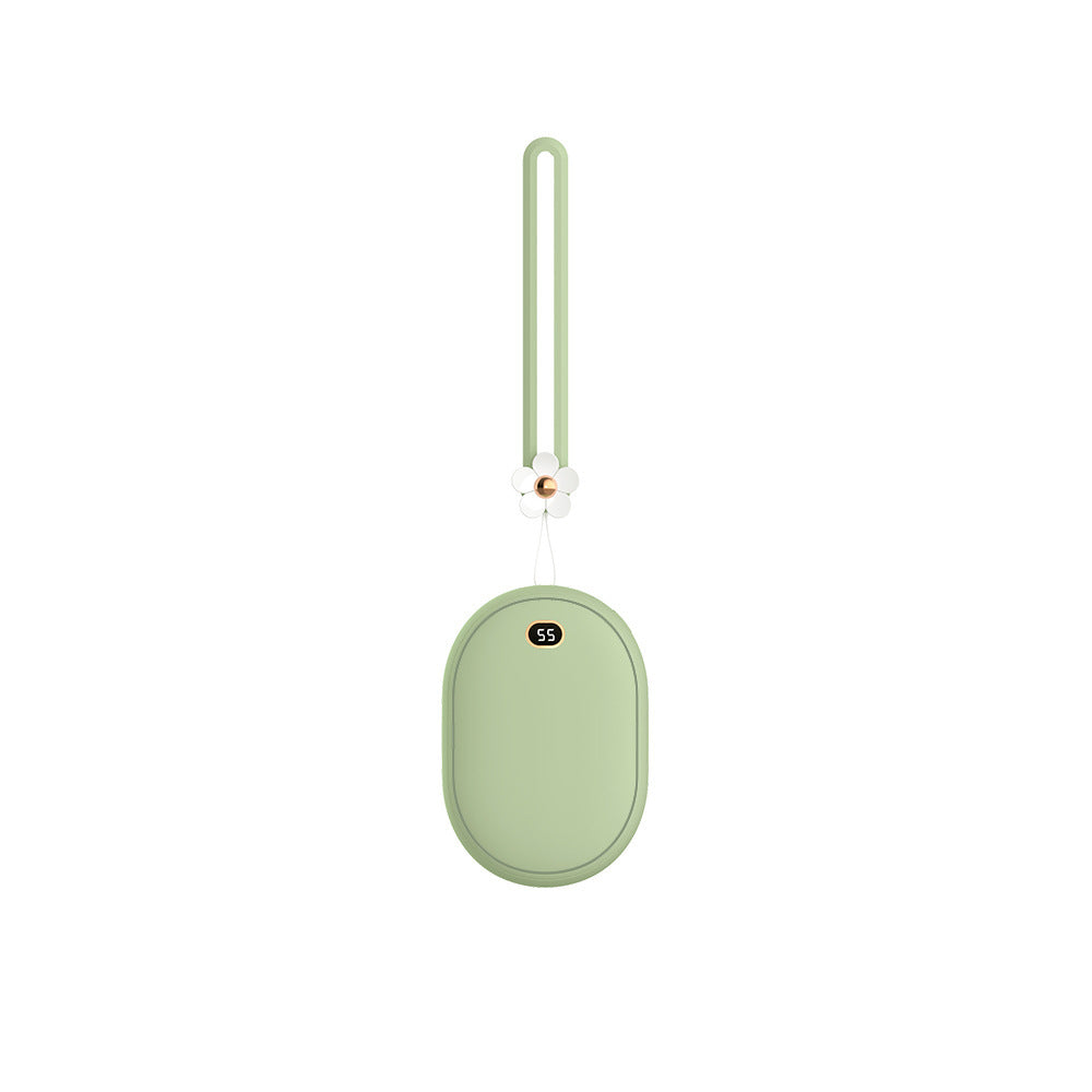 Mini power bank with strap and digital display for charging devices.
