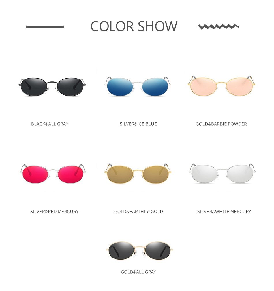 Oval sunglasses with metal frames in various colors, including black, silver, gold, and pink, designed for women.
