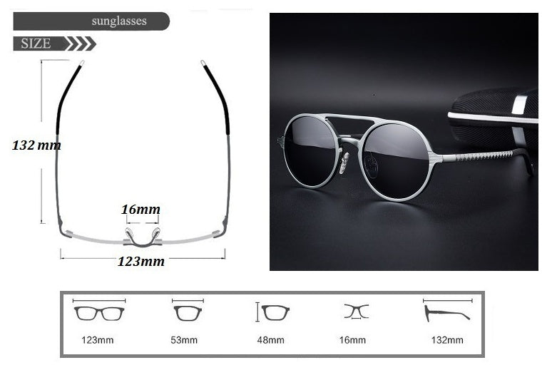 Retro aluminum magnesium sunglasses with polarized lenses and vintage design, featuring a round frame, UV400 protection, and high visibility. Suitable for driving and outdoor activities.