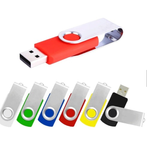 Set of colorful USB 3.0 mobile hard drives with metal swivel covers in various colors including red, green, blue, yellow, black, and white.