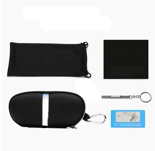 Black eyewear case with lanyard, zipper closure, glasses cloth, and accessories.