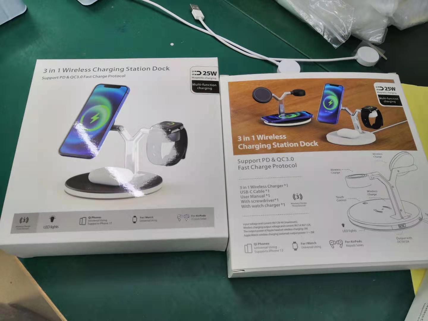3 in 1 Magnetic Wireless Charger with packaging for Apple compatibility, supports fast charging, shown in black and white.