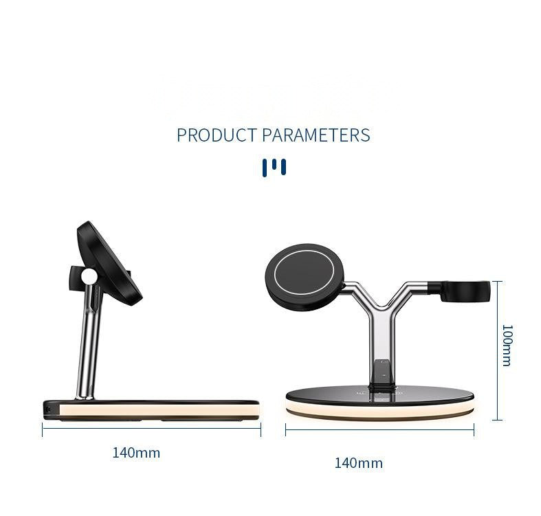 3 In 1 magnetic wireless charger, side view dimensions, black sleek design.