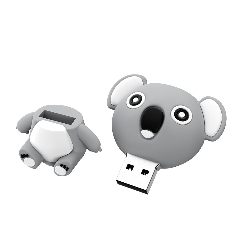 Cartoon silicone USB drive shaped like a gray koala with USB 2.0 interface and indicator light.