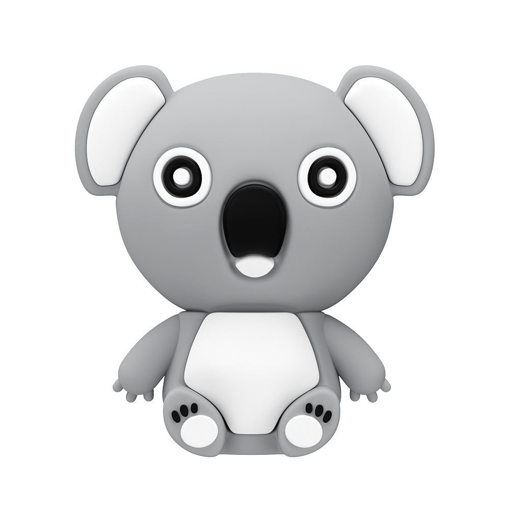 Cartoon silicone USB drive in the shape of a gray and white anime-style koala with black eyes and open mouth.