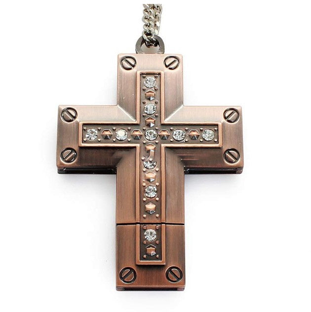 Metal cross-shaped USB flash drive with embedded crystals and screw details, 32GB capacity