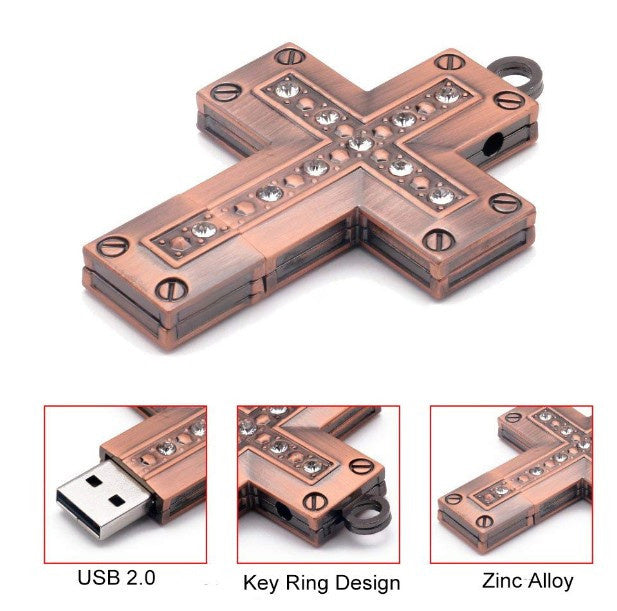 Metal cross-shaped USB flash drive with key ring, 32GB capacity, USB 2.0 interface, and zinc alloy shell.