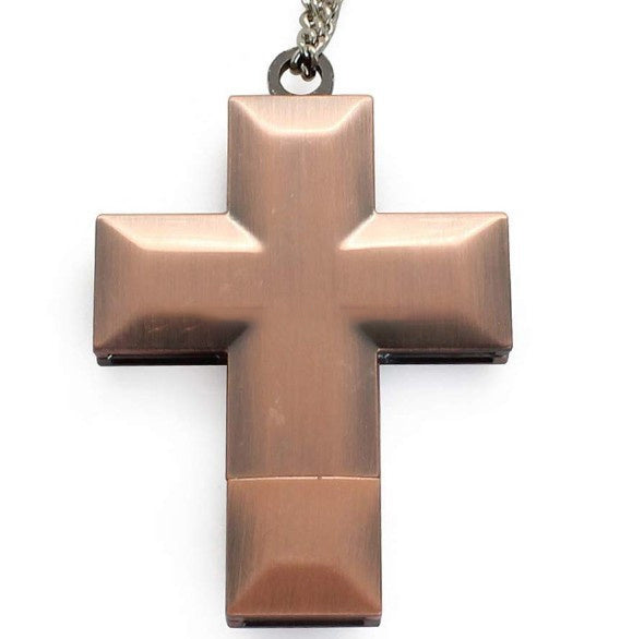 Golden metal cross-shaped USB flash drive with chain attachment, 32GB capacity, USB 2.0 interface.