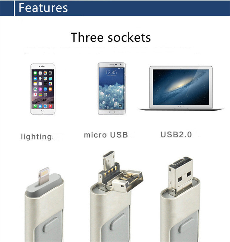 Three-in-one USB flash drive with Lightning, micro USB, and USB 2.0 connectors compatible with Apple and Android devices