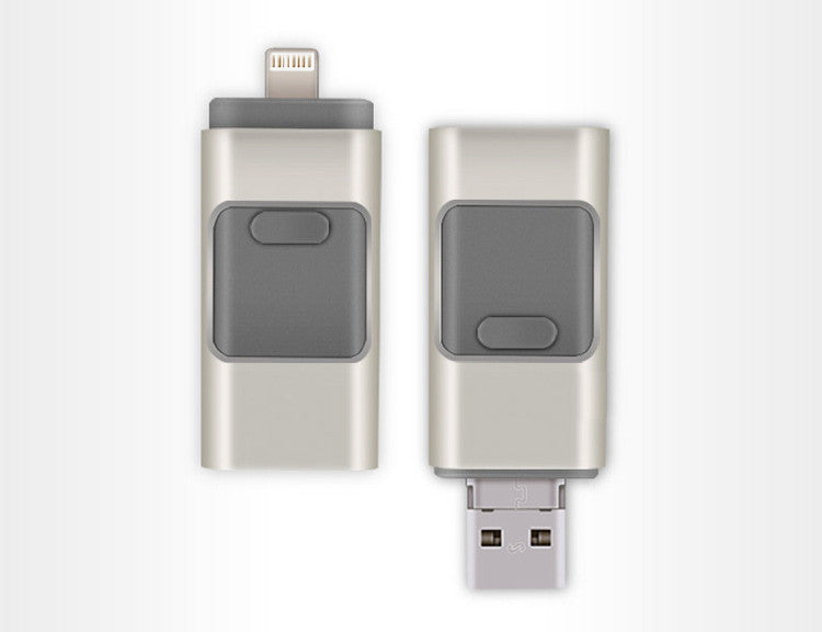 Three-in-one USB flash drive with Lightning and USB connectors for Apple and Android devices, metal shell, compact design, and data transfer support.
