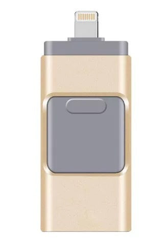 Three-in-one USB flash drive compatible with Apple and Android devices, metal shell, USB 2.0, with write protection switch and indicator light.