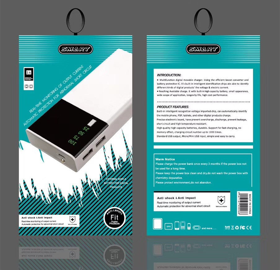 20000mAh power bank with black plastic shell and dual USB ports.