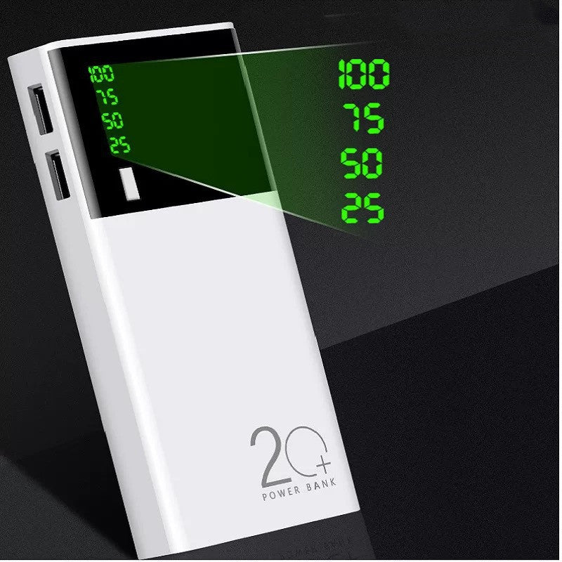 20000mAh power bank with digital display, white casing, dual USB ports.
