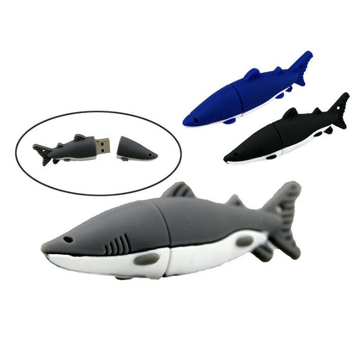 Creative cartoon shark USB flash drives in gray, black, and blue with 8GB or 16GB storage and USB 2.0 interface