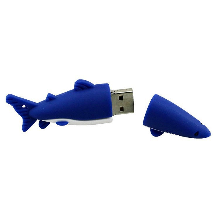 Cartoon shark shaped USB flash drive with detachable cap in blue color, USB 2.0 interface.