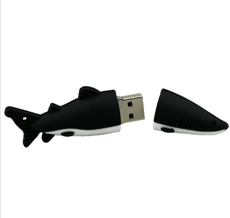 Cartoon shark shaped USB flash drive with removable head cap in black and white design.