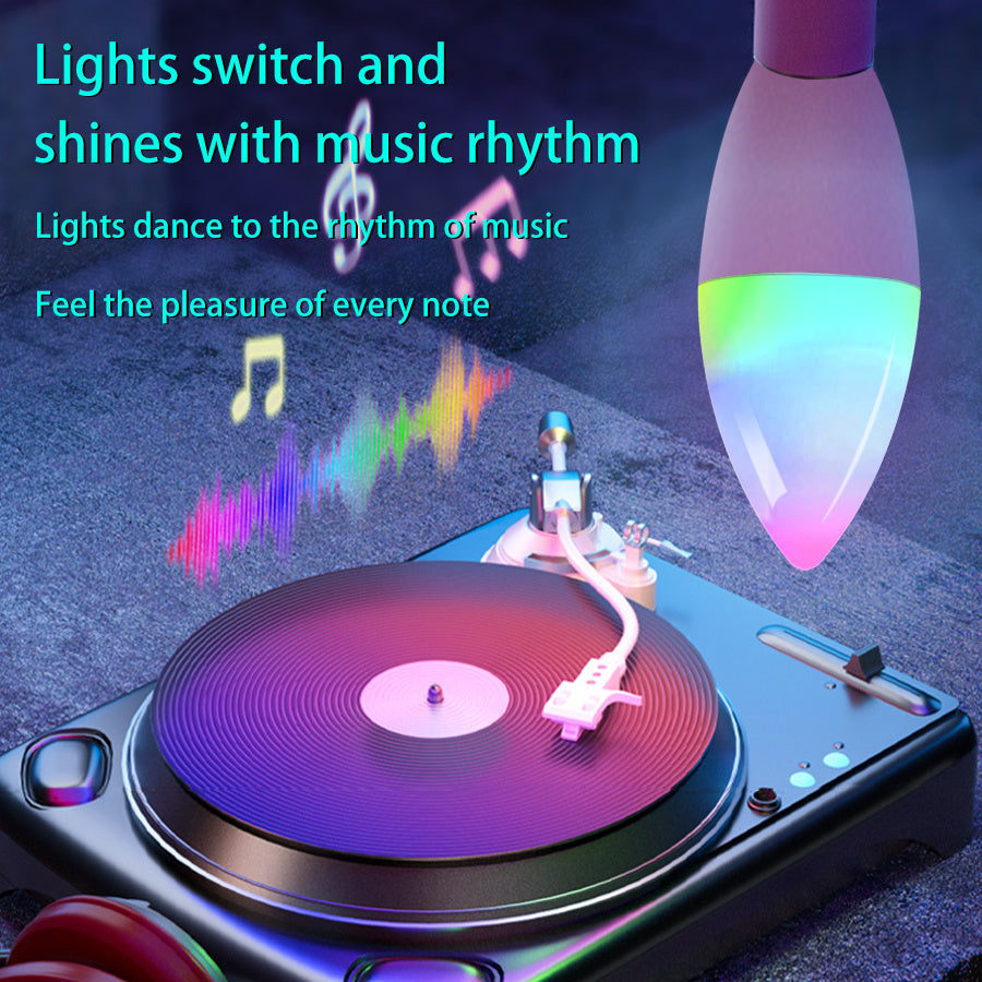 Smart WiFi LED lamp E14 RGB color changing bulb with music rhythm sync and voice control for home decor.