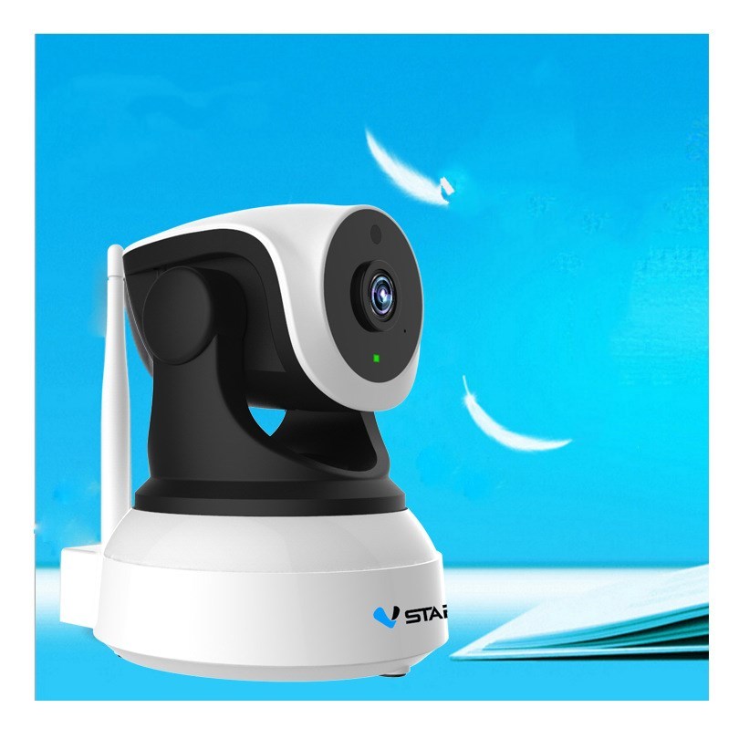 Wi-fi surveillance camera with pan and tilt, 720p resolution, night vision, and motion detection in white and black design