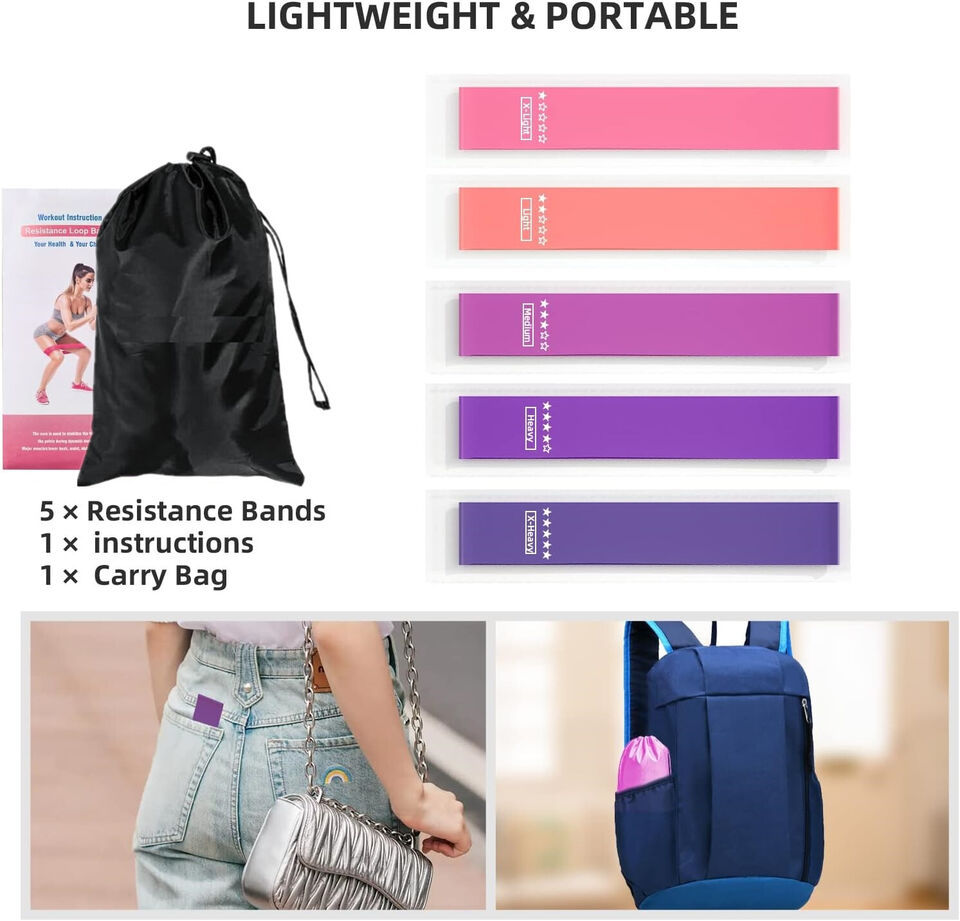 Resistance loop exercise bands set of 5 with carry bag, lightweight and portable fitness gear.