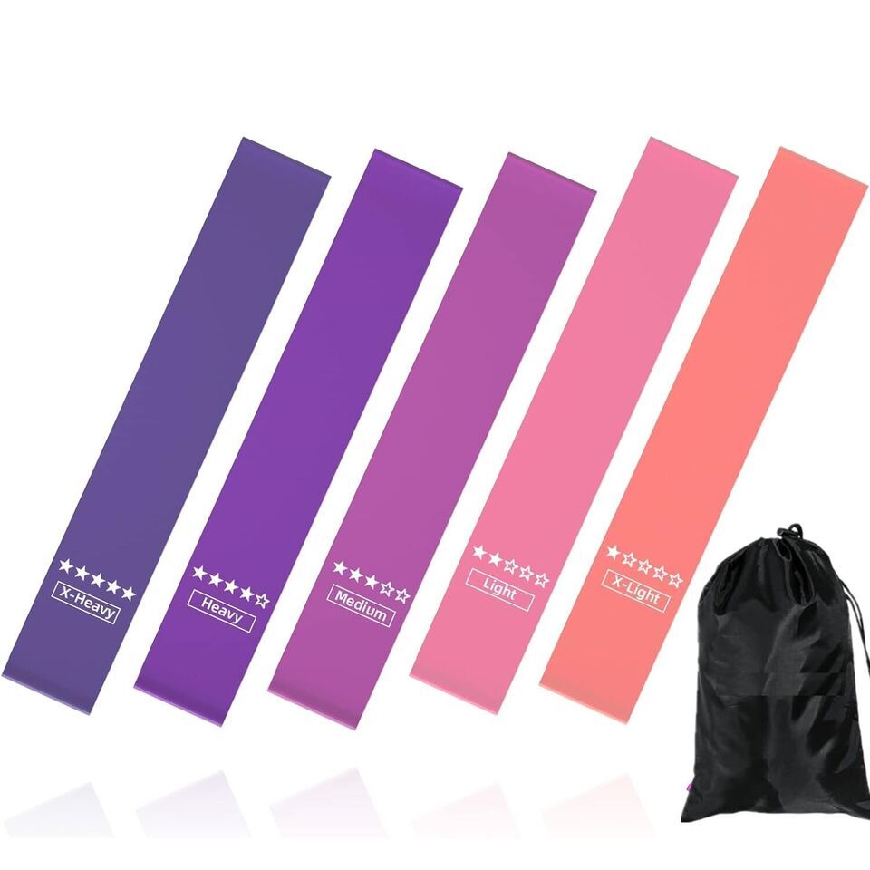 Set of 5 resistance loop exercise bands with color-coded tension levels from extra light to extra heavy, plus carrying bag.