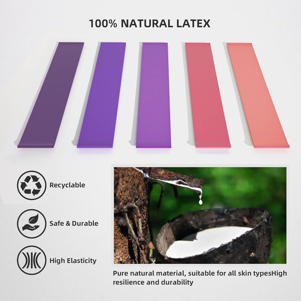 Resistance loop exercise bands set of 5 made from 100% natural latex, showcasing different color bands for varying resistance levels.