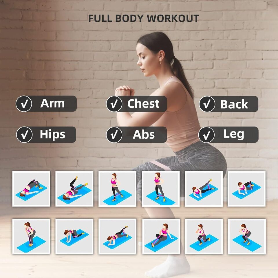 Full body workout with resistance loop exercise bands for strength and flexibility, featuring a woman performing exercises.