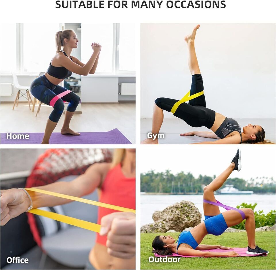 Resistance loop exercise bands used in various workout settings like home, gym, office, and outdoors.