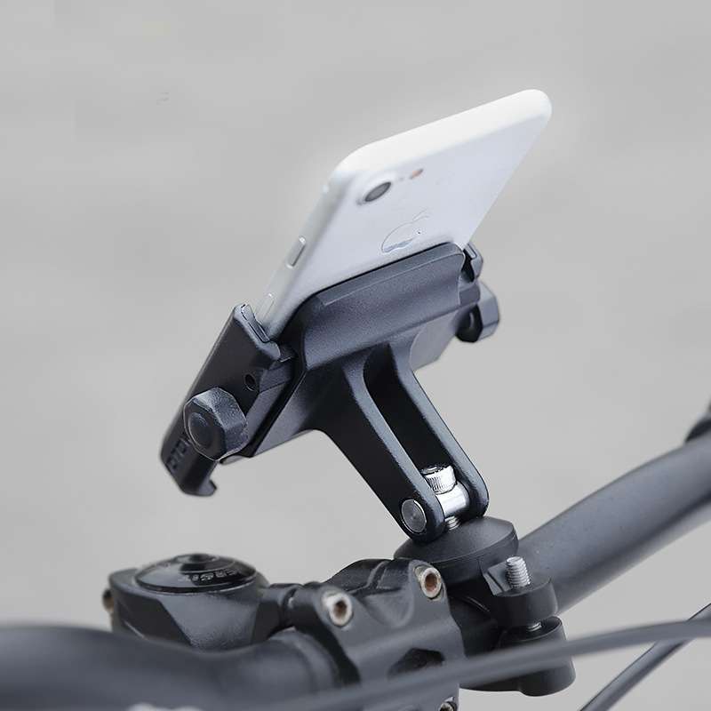 DEROACE Bicycle Phone Holder mounted on handlebar with smartphone attached.