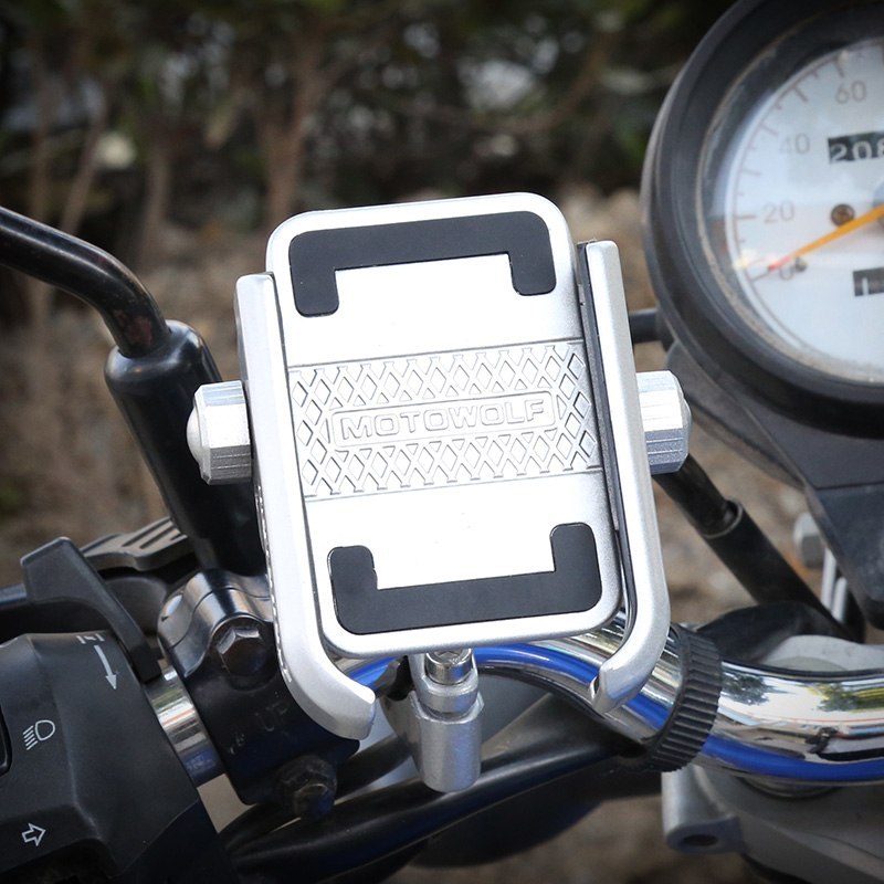 Universal bicycle phone holder mounted on handlebar, compatible with electric vehicles, made of durable aluminum alloy.