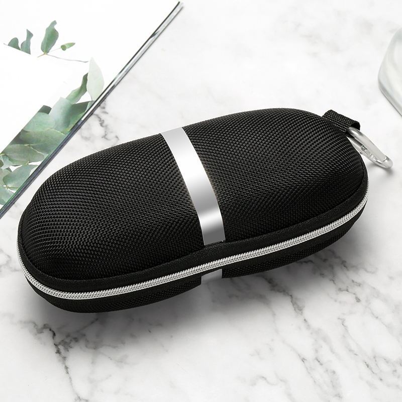 Black zippered eyewear case with lanyard for sunglasses, featuring hard moulded shape for protection.