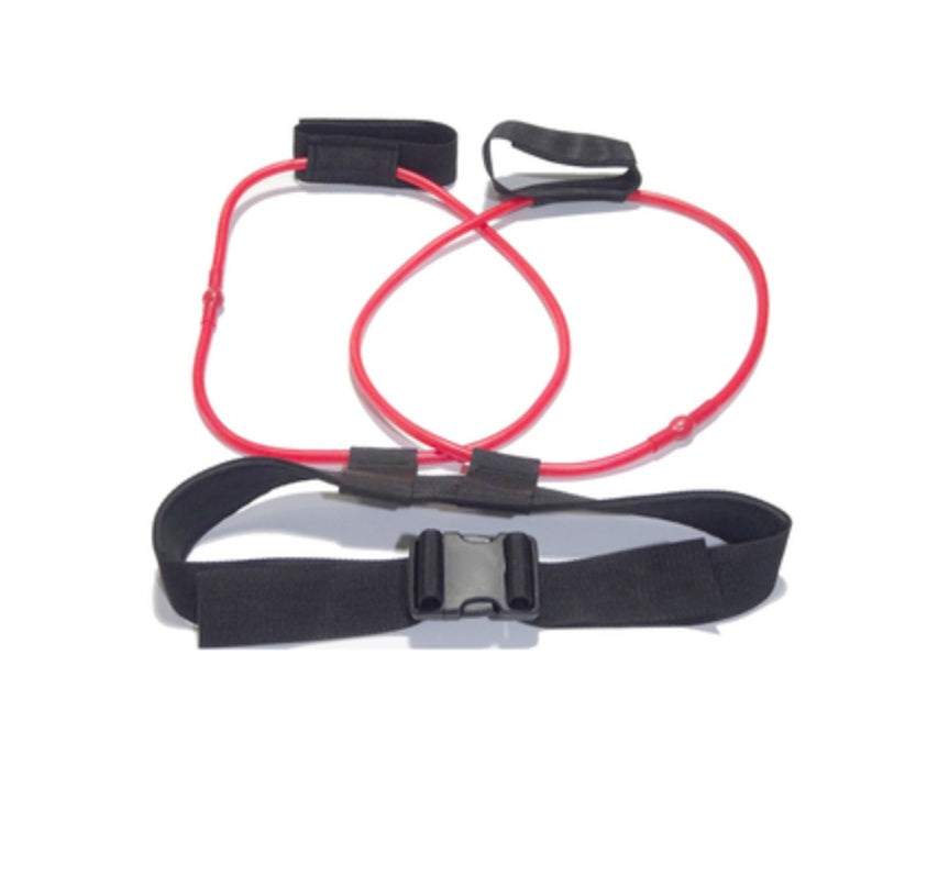 Resistance bands with adjustable waist belt and red latex tubes for fitness workouts.