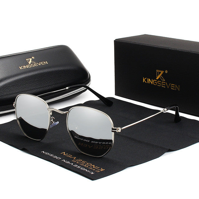 Classic men's retro sunglasses with silver mirrored lenses and round frames, displayed with a sleek black case.