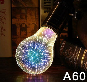 Fireworks decor bulb glowing with colorful 3D light effect on a dark bookshelf