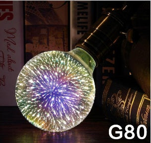 G80 Fireworks decor bulb glowing with colorful light effects next to books