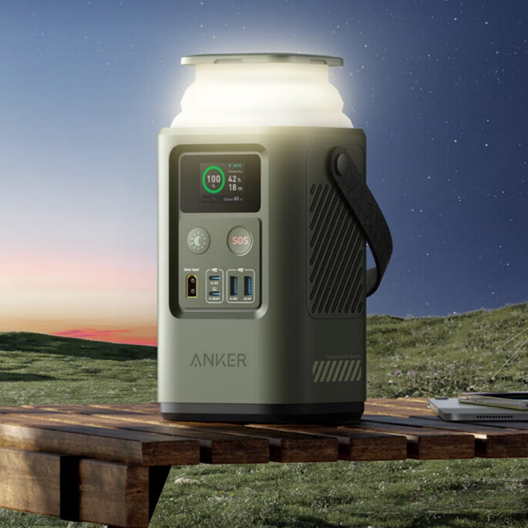 Green Dynamic Power 60000mAh outdoor power bank with multi-output ports on a wooden surface at sunset.