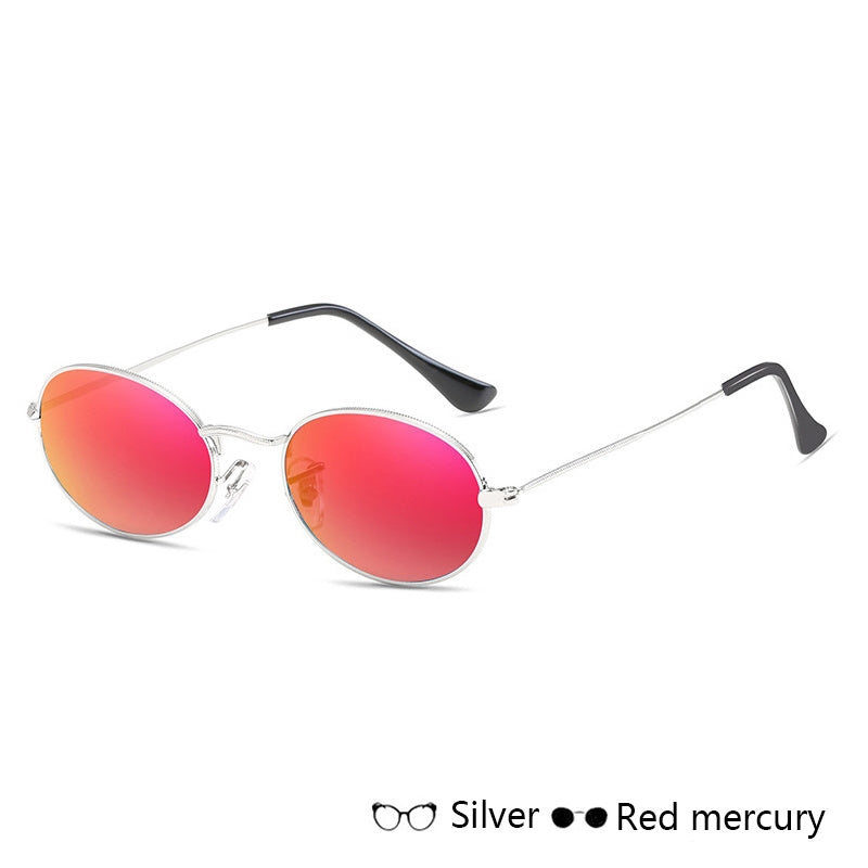 Fashion women sunglasses with red mercury lenses and silver metal oval frames.