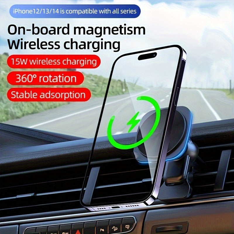 Car wireless charger with magnetic on-board holder, 15W charging, suitable for iPhone 12/13/14.
