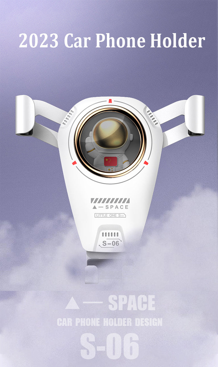 Astronaut-themed universal car phone holder with 360-degree rotation and metal hook clip, 2023 design, model S-06.
