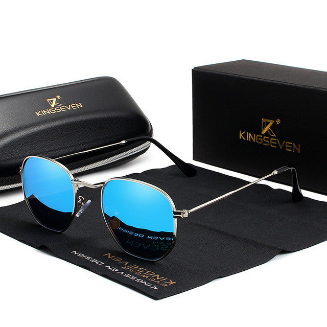 Classic men's retro sunglasses with blue lenses, Kingseven brand case included.