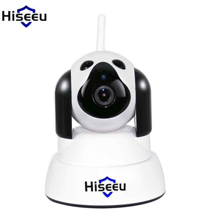Home Security Wi-Fi wireless surveillance camera with PTZ control and two-way audio in a panda design
