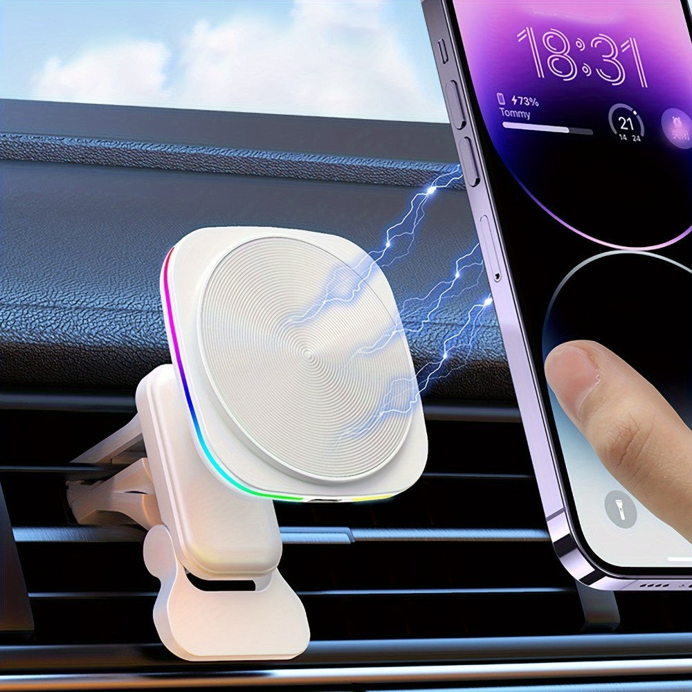 Car wireless charger mounted in vehicle, charging a smartphone.