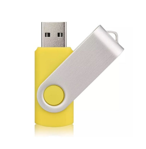 Yellow USB 3.0 mobile hard drive with metal casing and swivel cover.